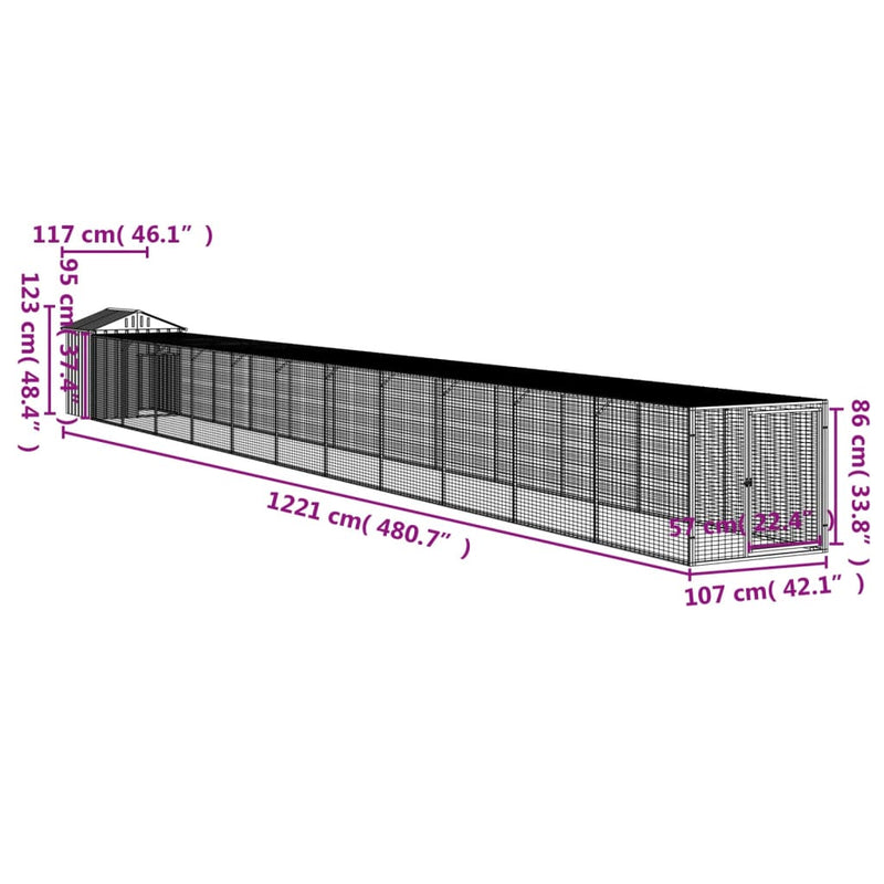 Chicken Cage with Run Light Grey 117x1221x123 cm Galvanised Steel