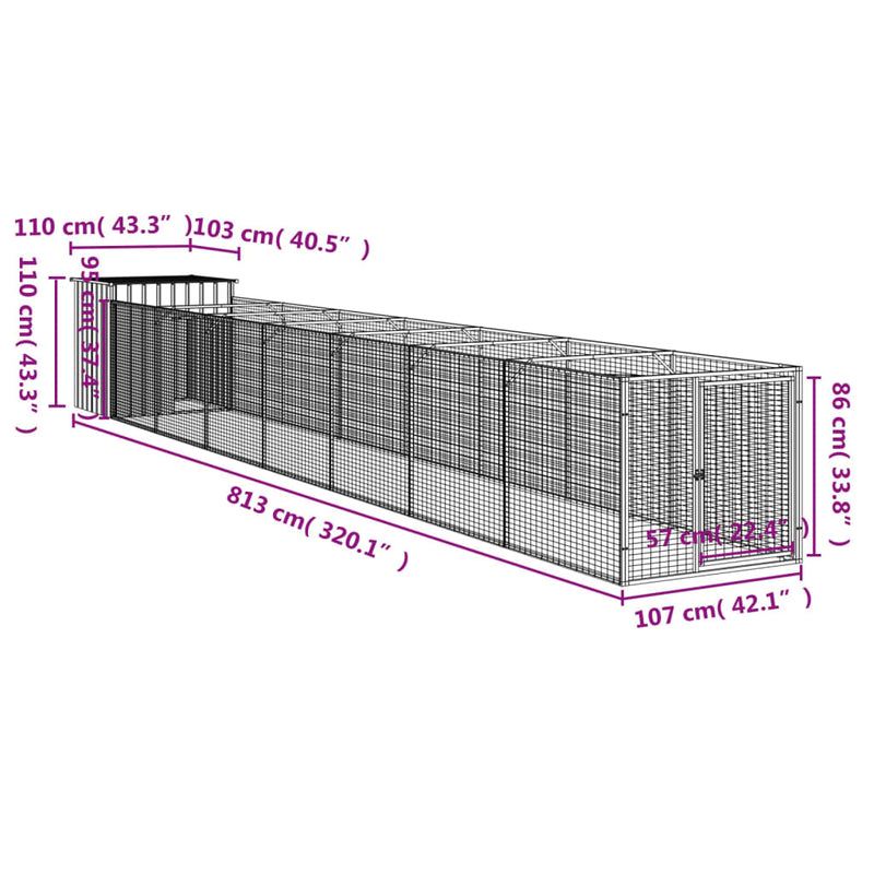 vidaXL Dog House with Run Light Grey 110x813x110 cm Galvanised Steel