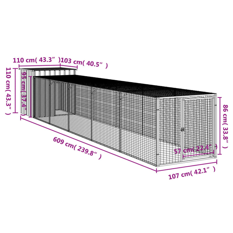 vidaXL Chicken Cage with Run Light Grey 110x609x110 cm Galvanised Steel