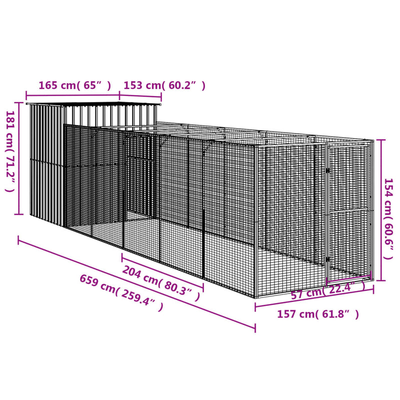 vidaXL Dog House with Run Light Grey 165x659x181 cm Galvanised Steel
