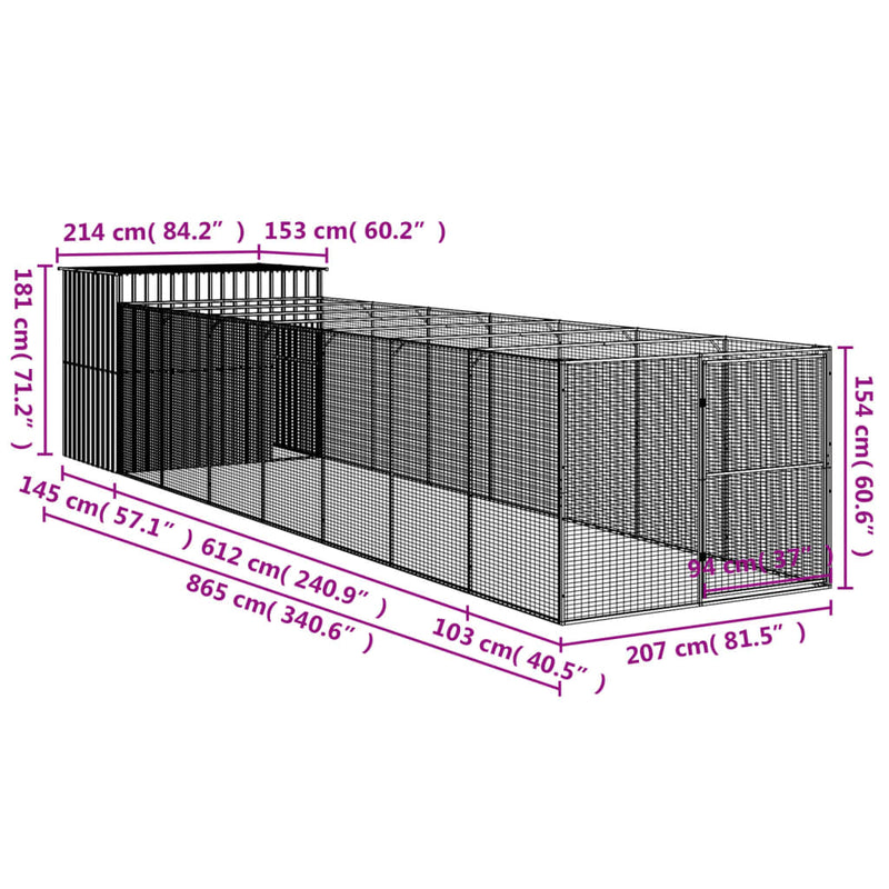 vidaXL Dog House with Run Light Grey 214x865x181 cm Galvanised Steel