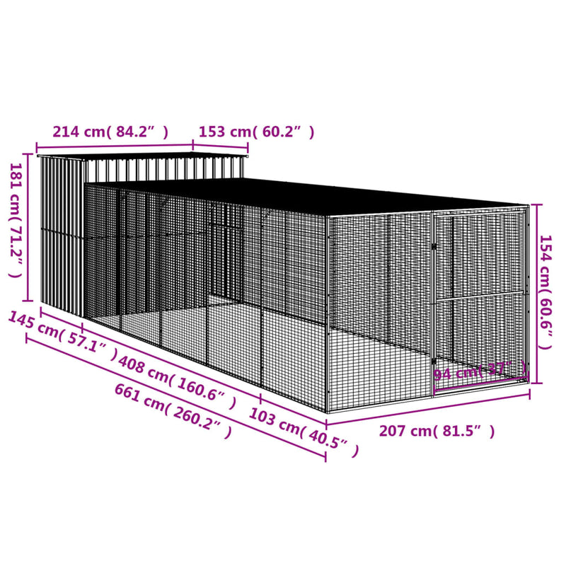 vidaXL Dog House with Run Anthracite 214x661x181 cm Galvanised Steel