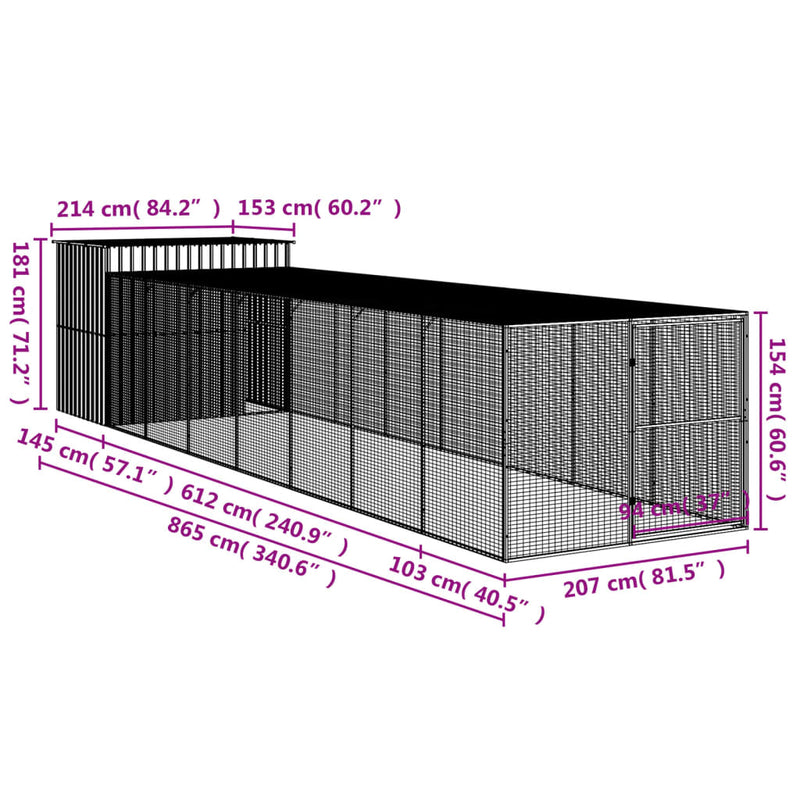vidaXL Dog House with Run Anthracite 214x865x181 cm Galvanised Steel