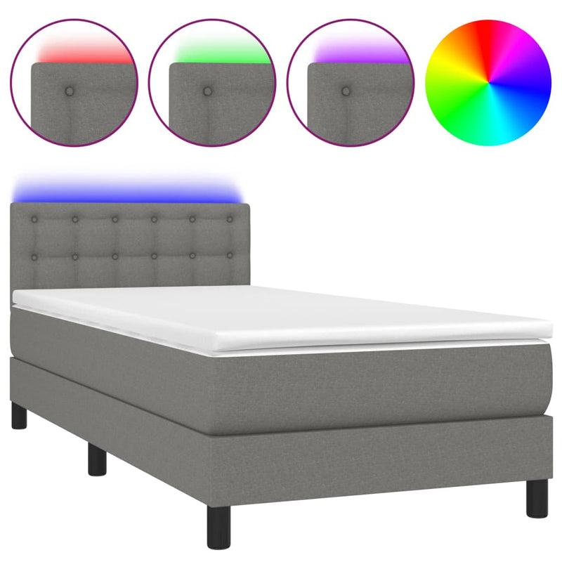 vidaXL Box Spring Bed with Mattress&LED Dark Grey 100x200cm Fabric