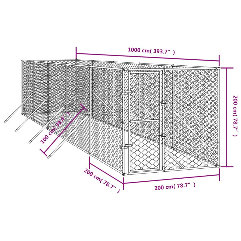 vidaXL Outdoor Dog Kennel Silver 2x10x2 m Galvanised Steel