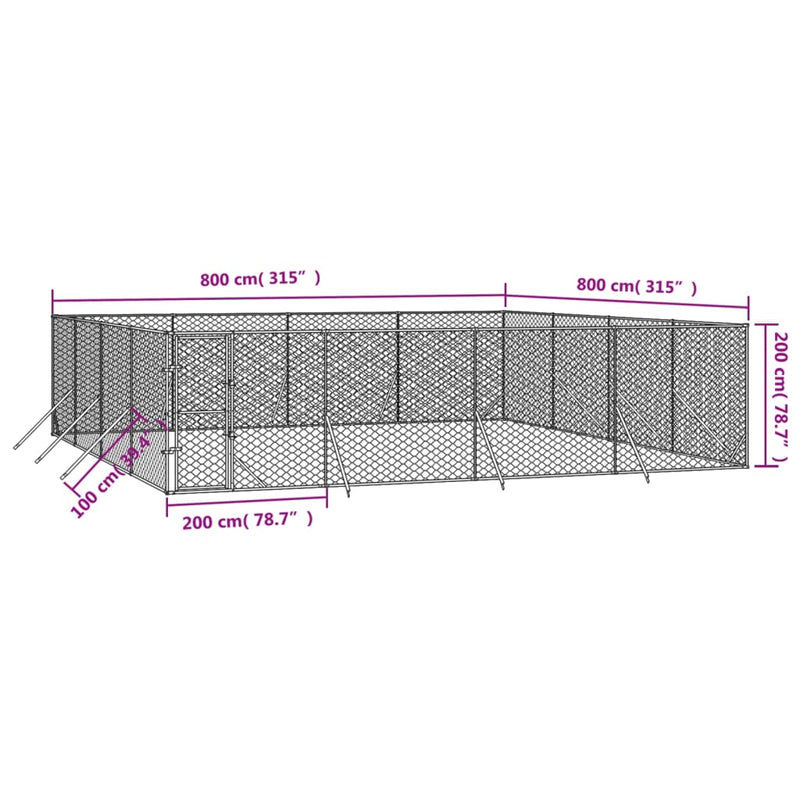 vidaXL Outdoor Dog Kennel Silver 8x8x2 m Galvanised Steel
