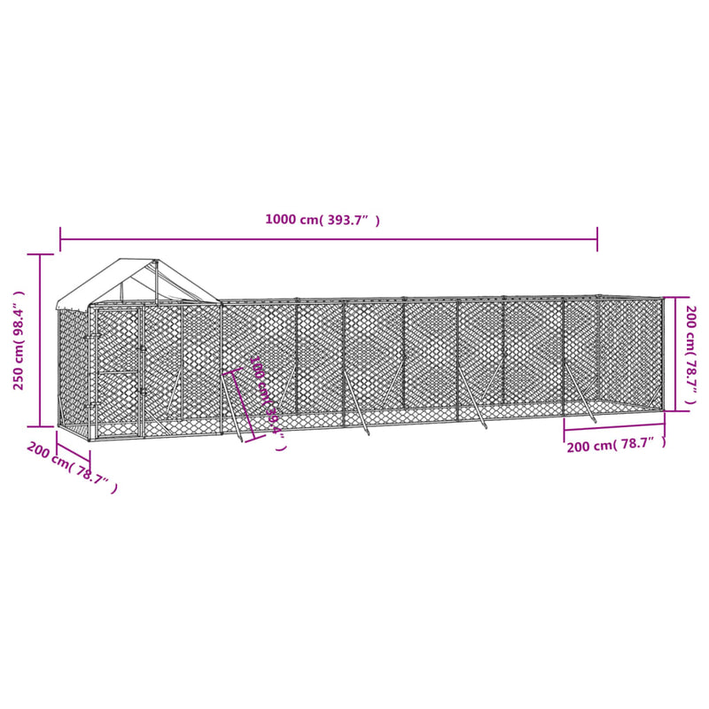 vidaXL Outdoor Dog Kennel with Roof Silver 10x2x2.5 m Galvanised Steel