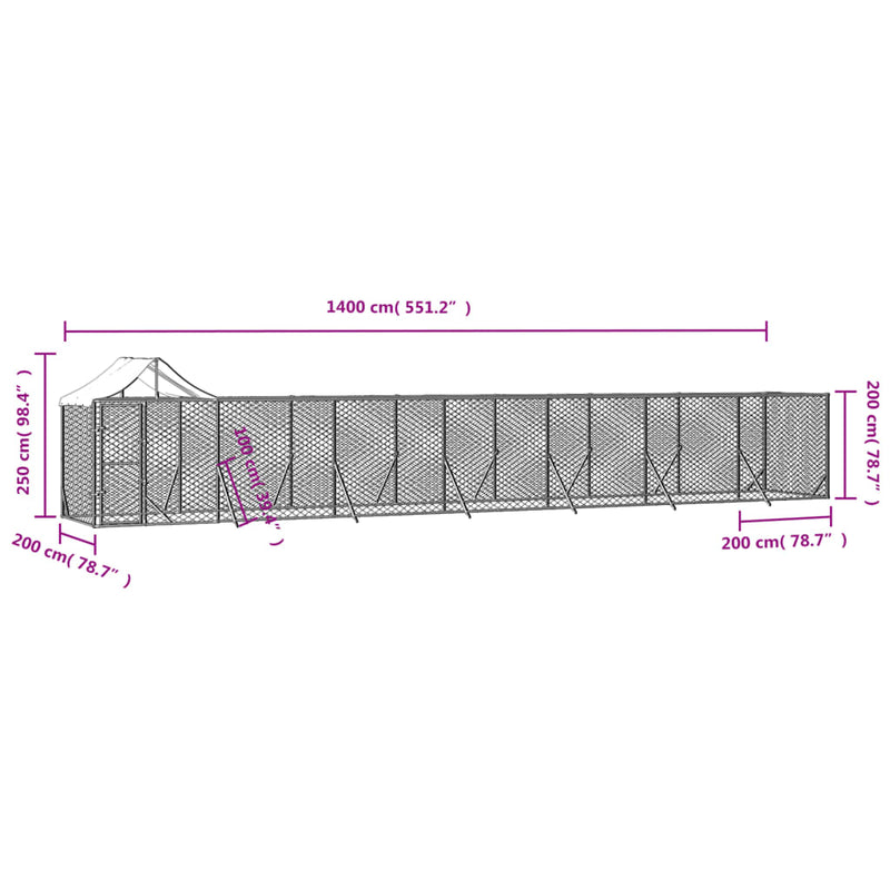 vidaXL Outdoor Dog Kennel with Roof Silver 14x2x2.5 m Galvanised Steel