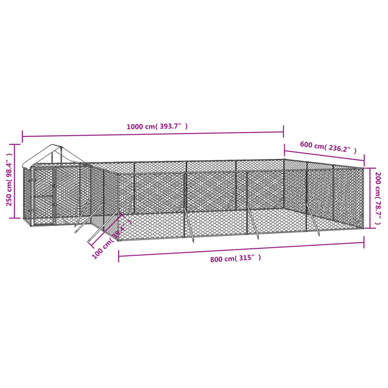 vidaXL Outdoor Dog Kennel with Roof Silver 10x6x2.5 m Galvanised Steel