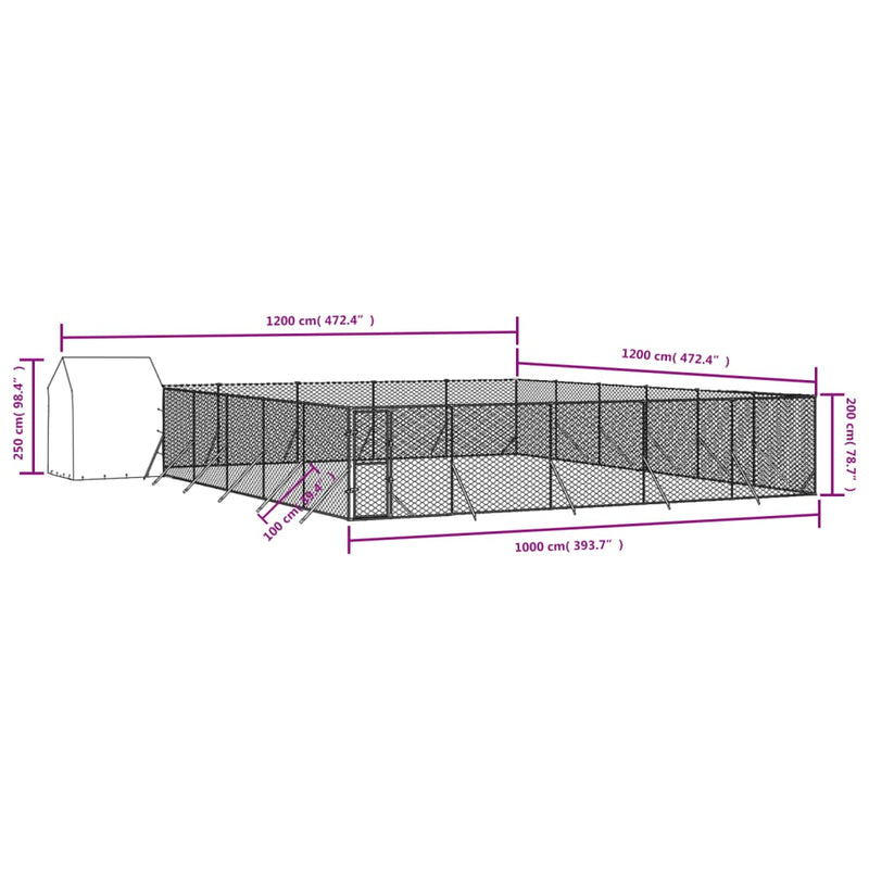 vidaXL Outdoor Dog Kennel with Roof Silver 12x12x2.5 m Galvanised Steel