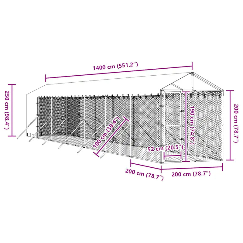 Outdoor Dog Kennel with Roof Silver 2x14x2.5 m Galvanised Steel