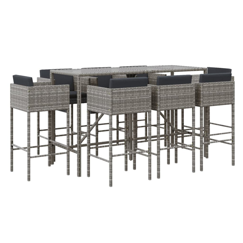vidaXL 9 Piece Garden Bar Set with Cushions Grey Poly Rattan