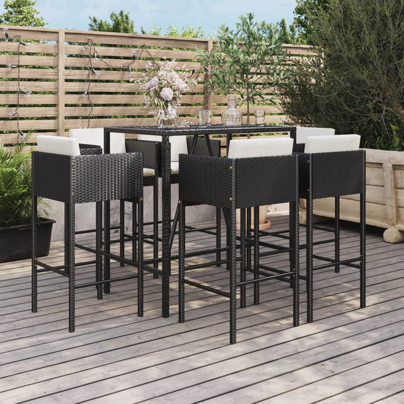 vidaXL 7 Piece Garden Bar Set with Cushions Black Poly Rattan