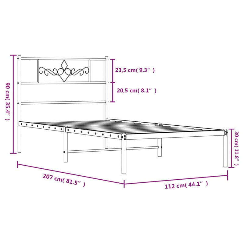 Metal Bed Frame with Headboard Black 107x203 cm