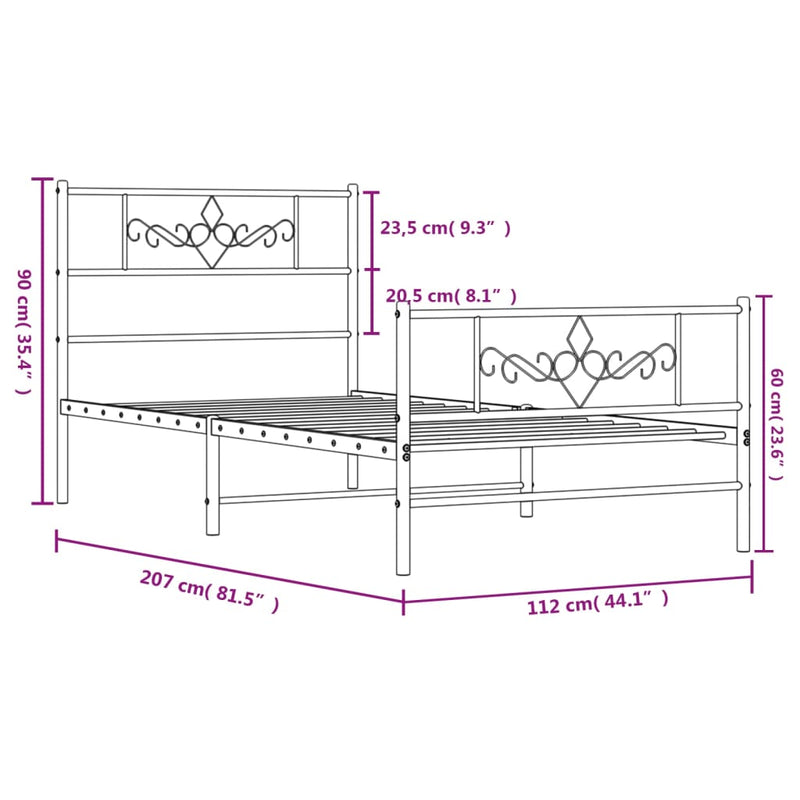 Metal Bed Frame with Headboard and Footboard Black 107x203 cm