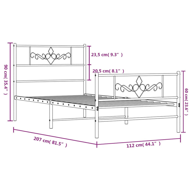 Metal Bed Frame with Headboard and Footboard White 107x203 cm