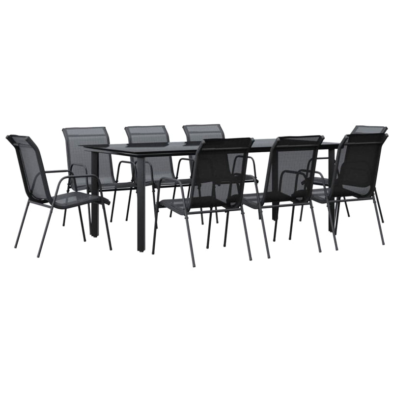 9 Piece Garden Dining Set Black Steel and Textilene