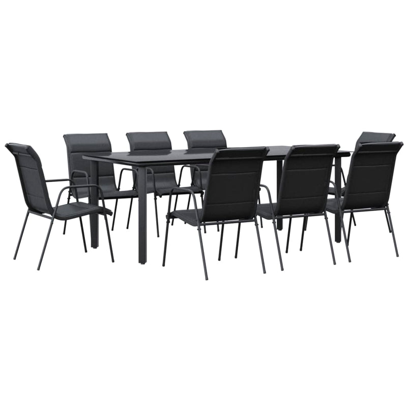 9 Piece Garden Dining Set Black Steel and Textilene