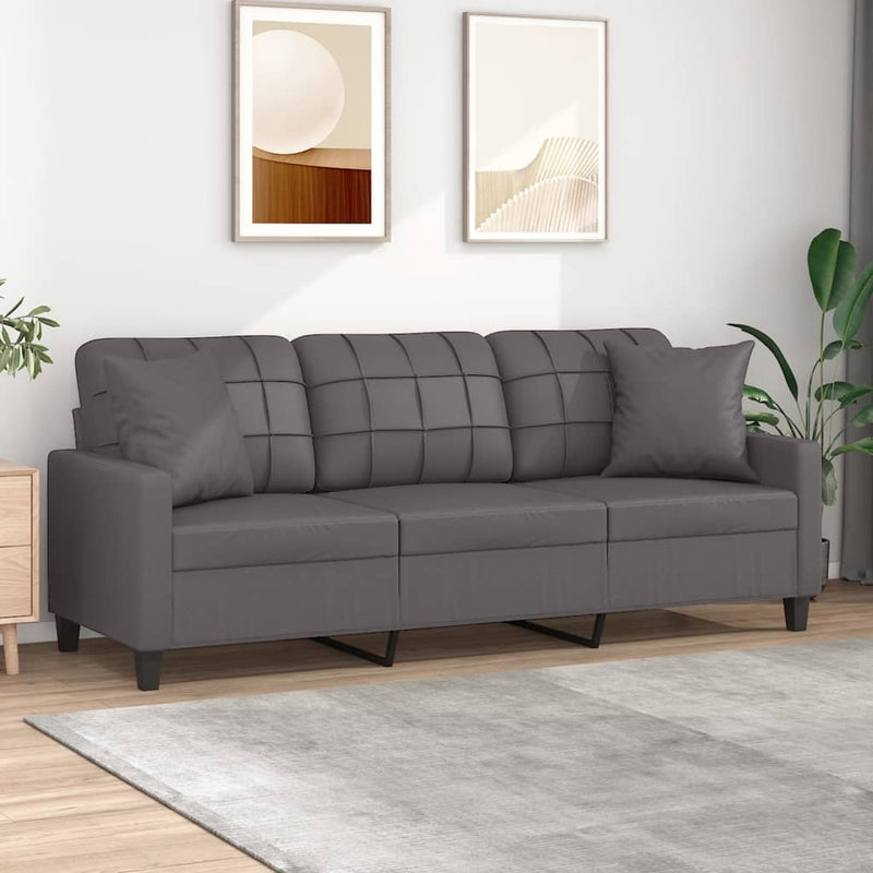 vidaXL 3-Seater Sofa with Throw Pillows Grey 180 cm Faux Leather