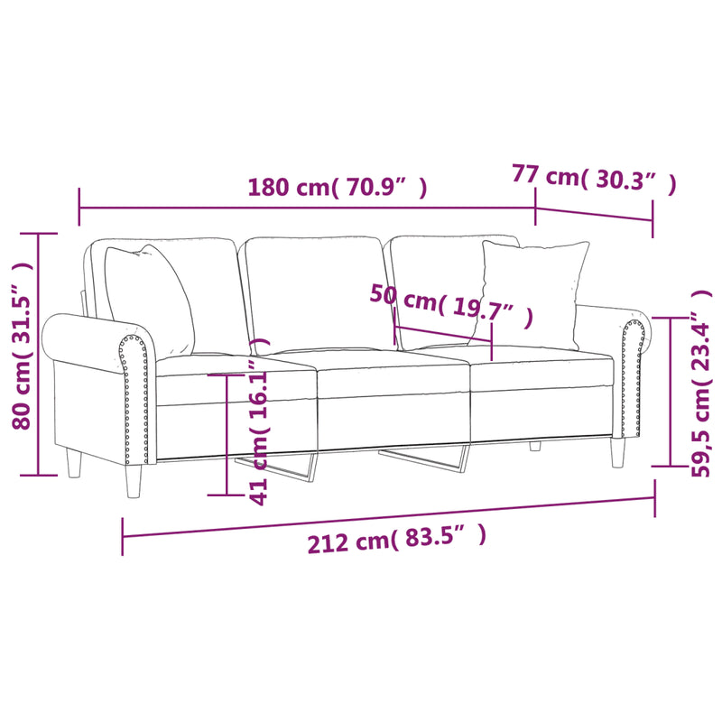 3-Seater Sofa with Throw Pillows Black 180 cm Velvet