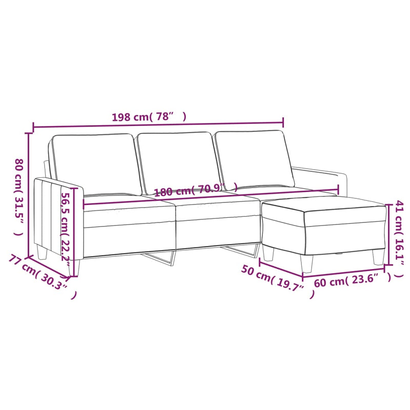 vidaXL 3-Seater Sofa with Footstool Light Grey 180 cm Fabric