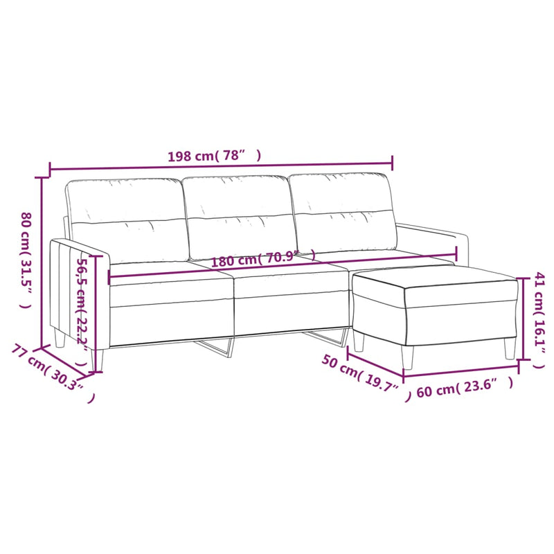 vidaXL 3-Seater Sofa with Footstool Light Grey 180 cm Fabric