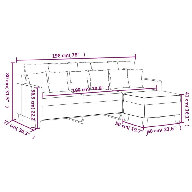 vidaXL 3-Seater Sofa with Footstool Light Grey 180 cm Fabric
