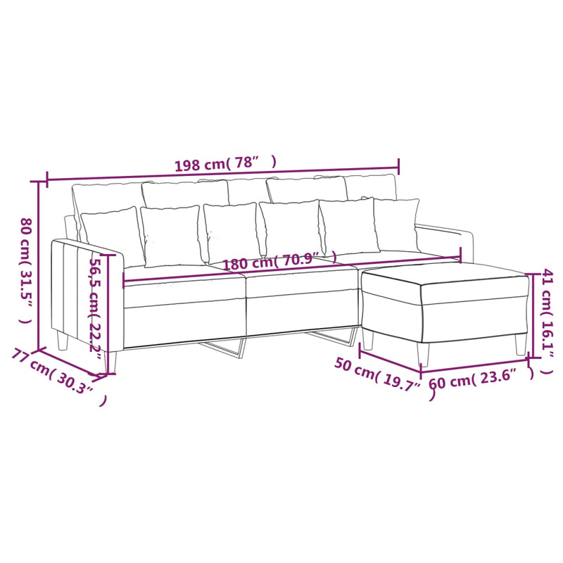 vidaXL 3-Seater Sofa with Footstool Black 180 cm Velvet
