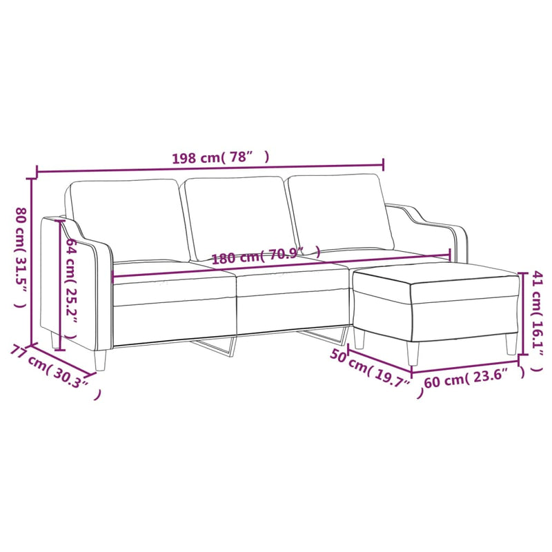 vidaXL 3-Seater Sofa with Footstool Light Grey 180 cm Fabric