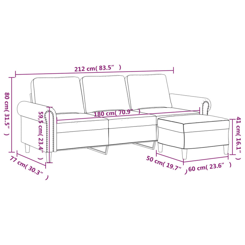 vidaXL 3-Seater Sofa with Footstool Light Grey 180 cm Velvet
