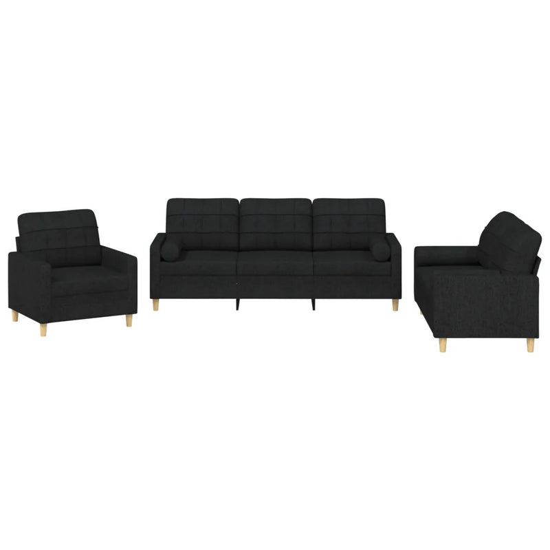 3 Piece Sofa Set with Pillows Black Fabric