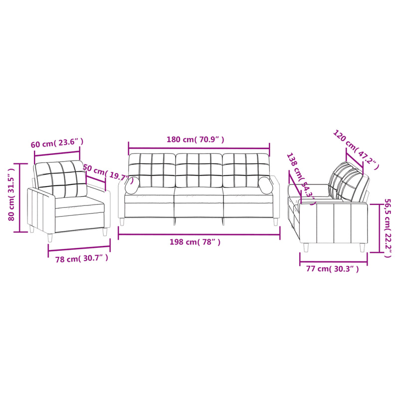 3 Piece Sofa Set with Pillows Black Fabric