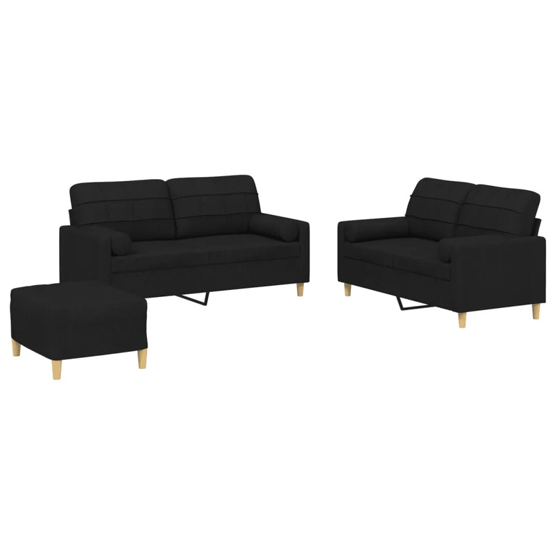 3 Piece Sofa Set with Pillows Black Fabric