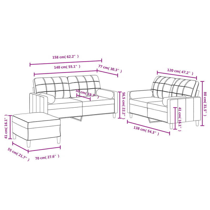 3 Piece Sofa Set with Pillows Black Fabric