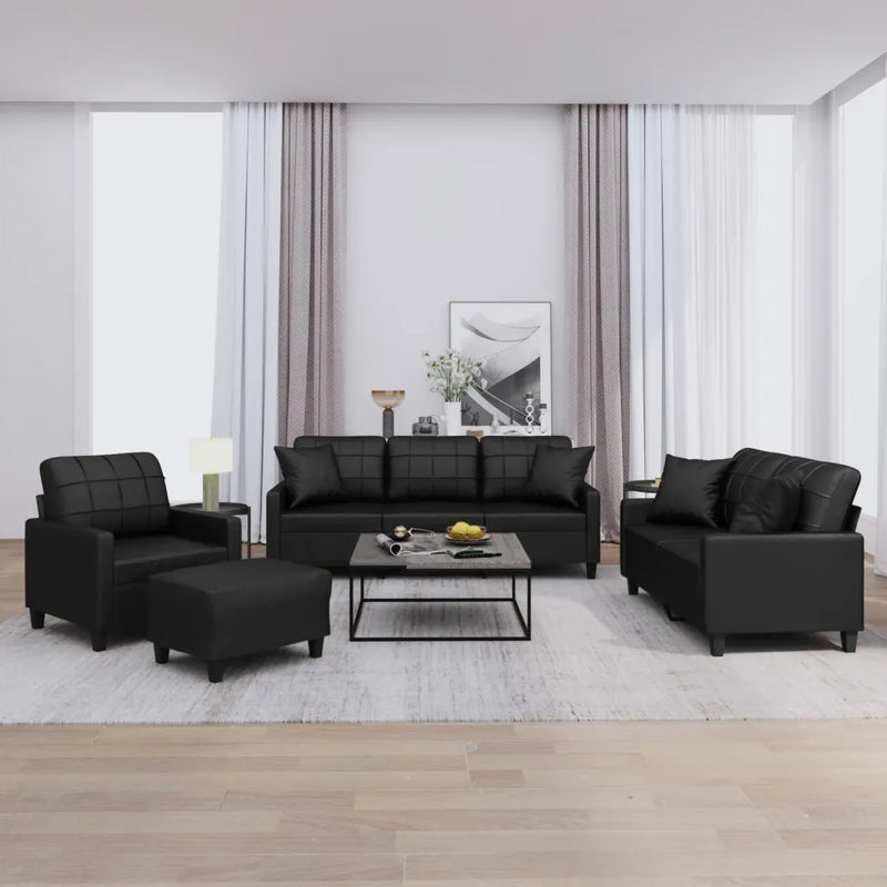 4 Piece Sofa Set with Pillows Black Faux Leather