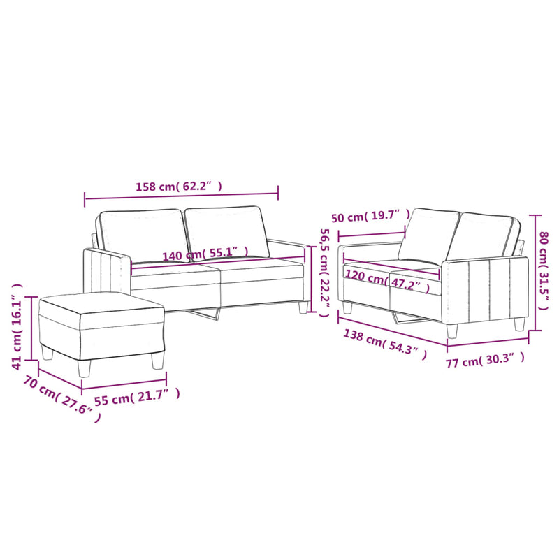 vidaXL 3 Piece Sofa Set with Cushions Light Grey Velvet