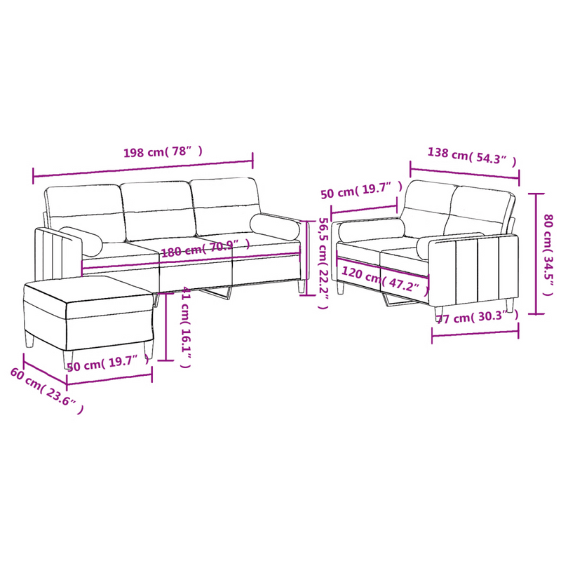 3 Piece Sofa Set with Pillows Black Fabric