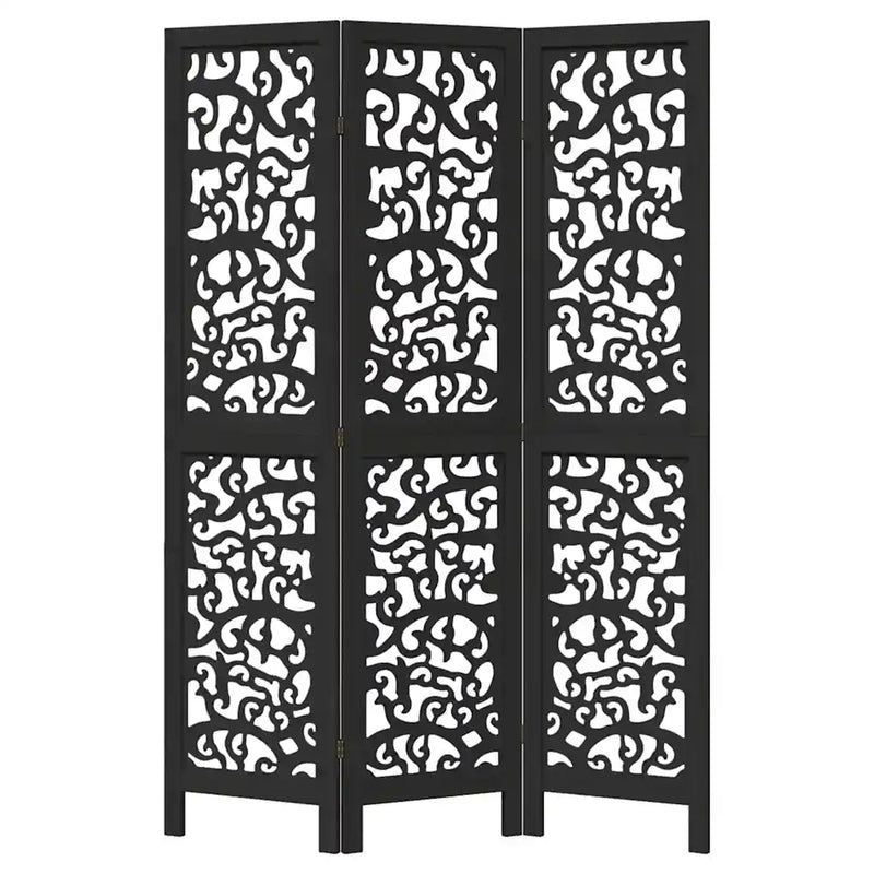 Room Divider 3 Panels Black Solid Wood Paulownia