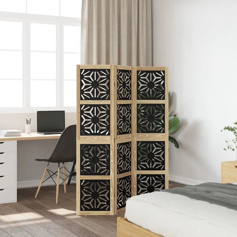 Room Divider 3 Panels Brown and Black Solid Wood Paulownia