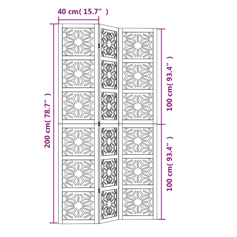 Room Divider 3 Panels Brown and Black Solid Wood Paulownia