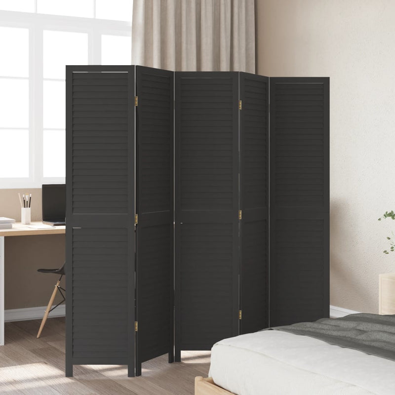 vidaXL Room Divider 5 Panels Black Solid Wood Paulownia
