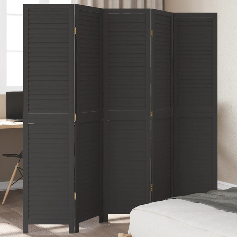vidaXL Room Divider 5 Panels Black Solid Wood Paulownia