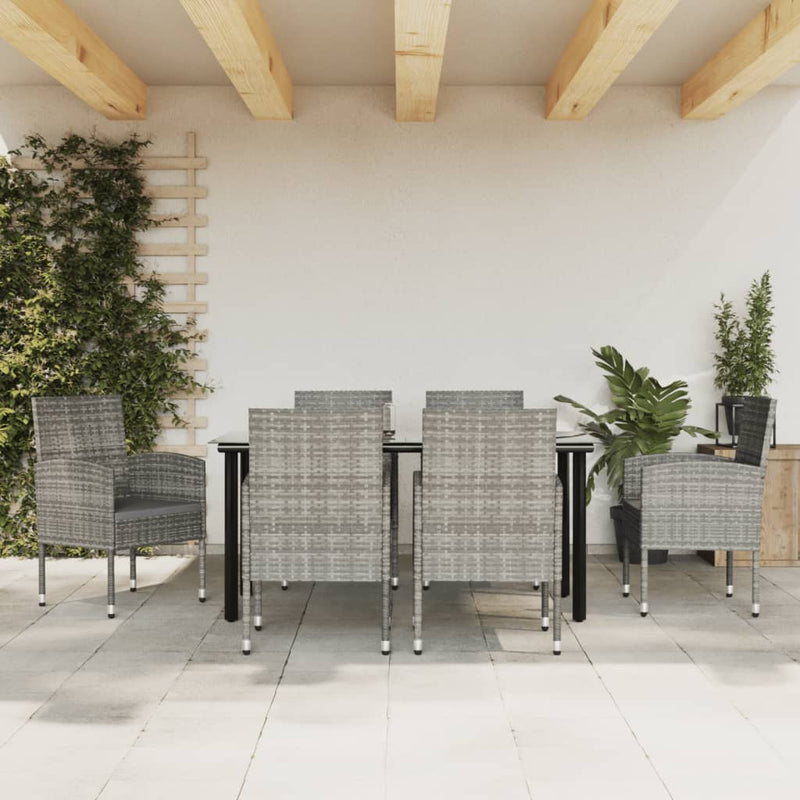 vidaXL 7 Piece Garden Dining Set Grey and Black Poly Rattan and Steel