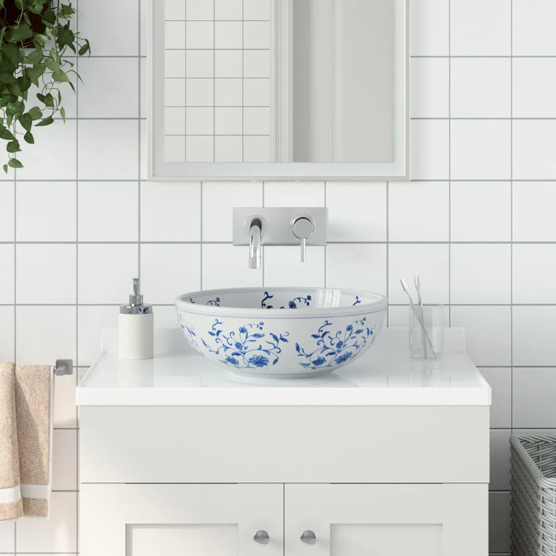 Countertop Basin White and Blue Round ��41x14 cm Ceramic