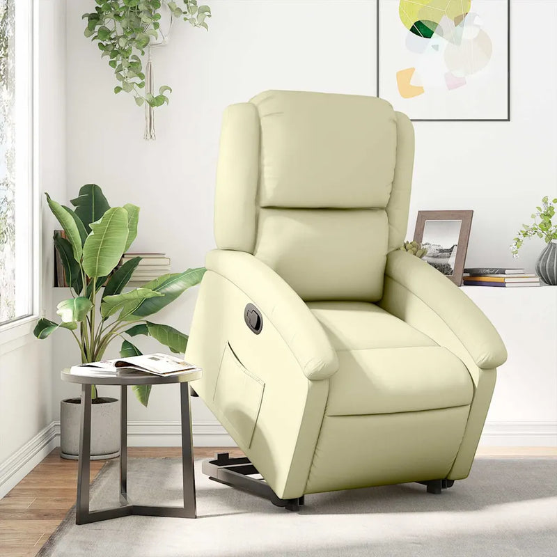 Stand up Recliner Chair Cream Real Leather