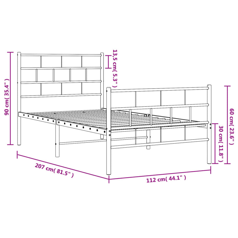 Metal Bed Frame with Headboard and Footboard Black 107x203 cm