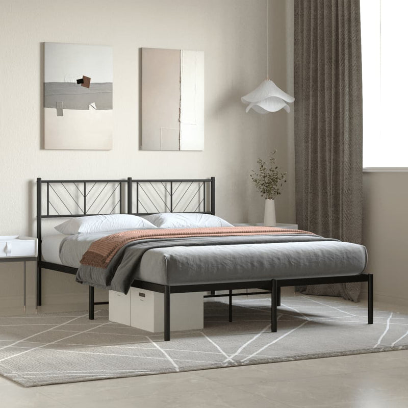 Metal Bed Frame with Headboard Black 150x200 cm