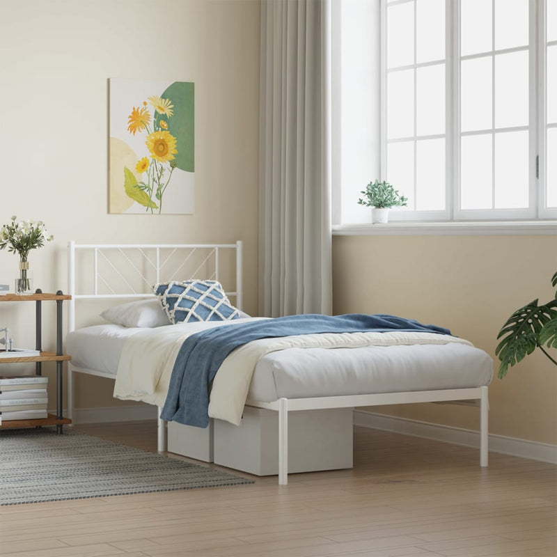 Metal Bed Frame with Headboard White 107x203 cm