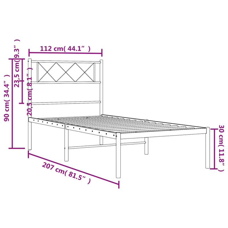 Metal Bed Frame with Headboard Black 107x203 cm