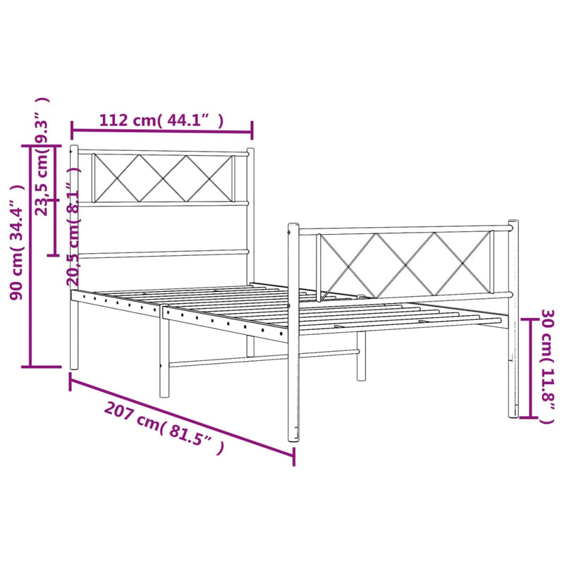 Metal Bed Frame with Headboard and Footboard Black 107x203 cm